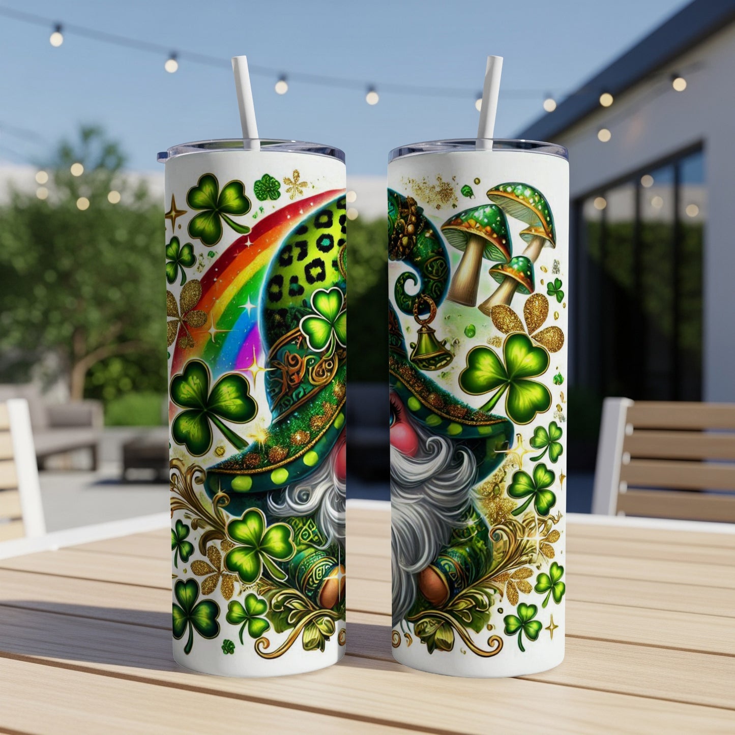 Two St. Patrick's Day tumblers with shamrocks, mushrooms, and a gnome design.