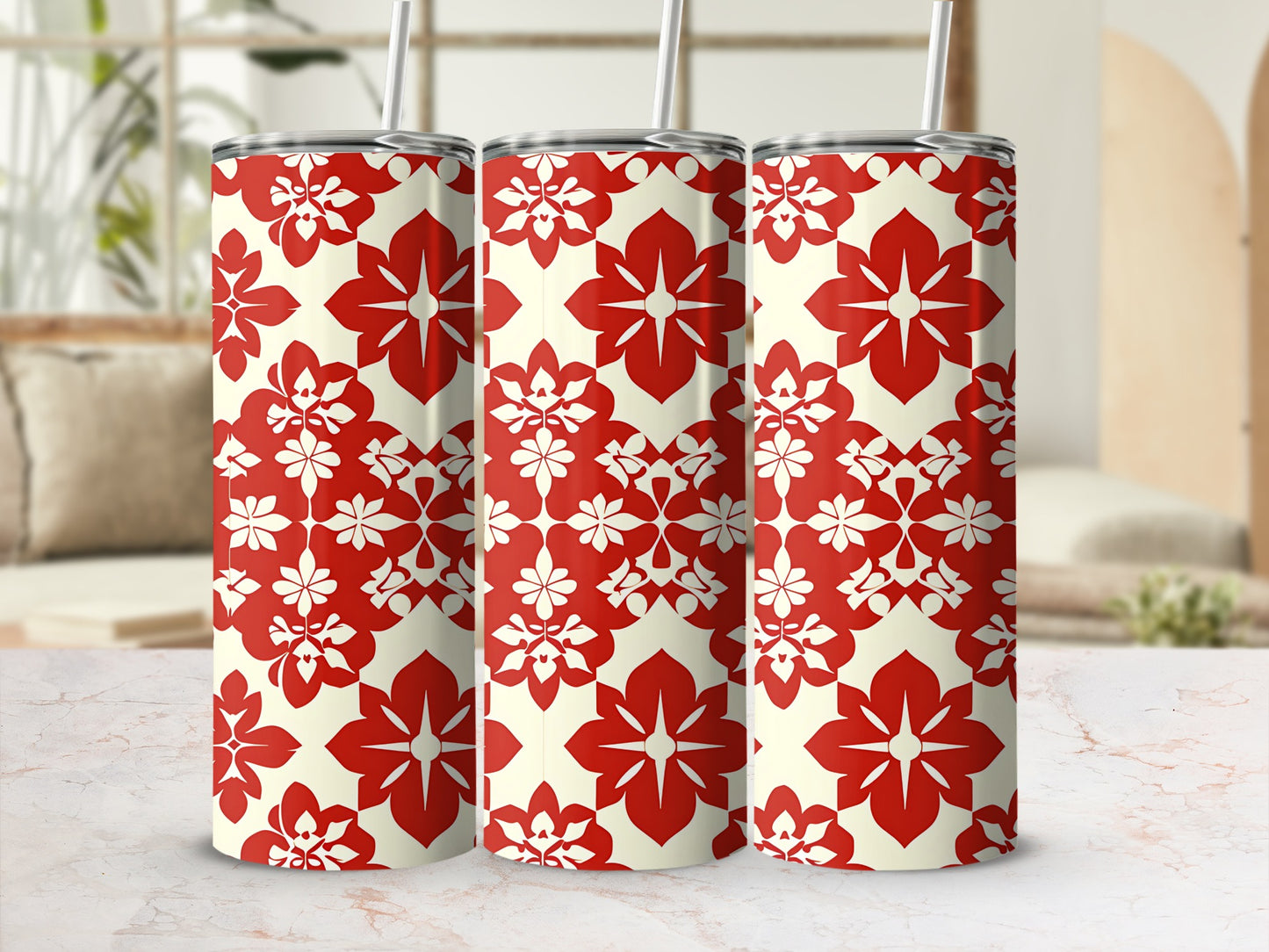 Vibrant Red Floral Pattern Insulated Tumbler Cup