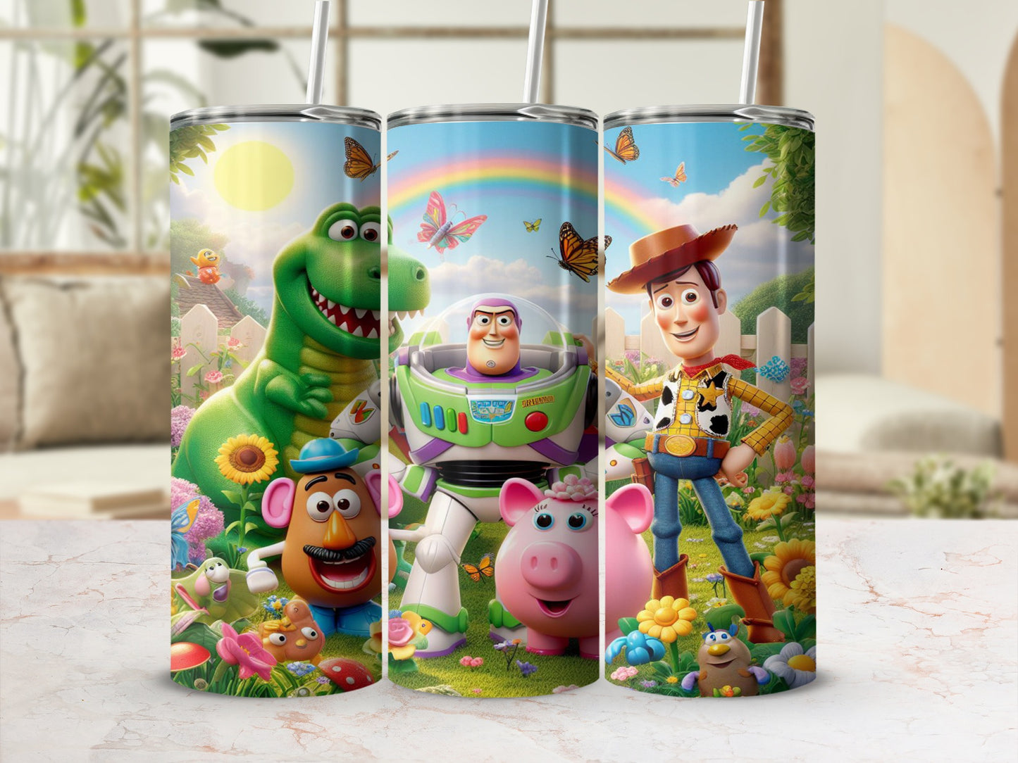 Toy Story characters Rex, Buzz Lightyear, and Woody with Mr. Potato Head and Piggy.