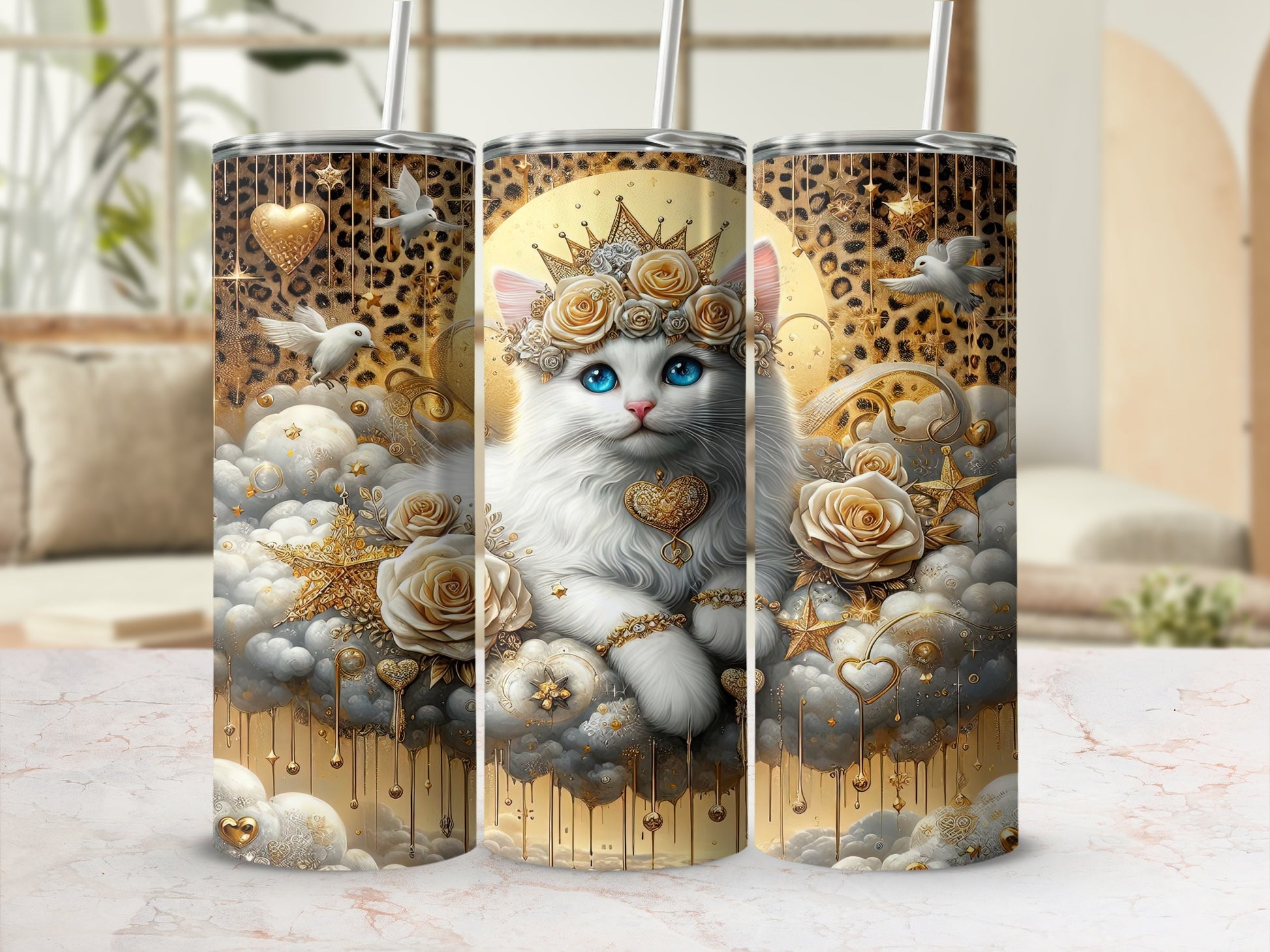 White cat with crown sitting on clouds with golden hearts and roses.
