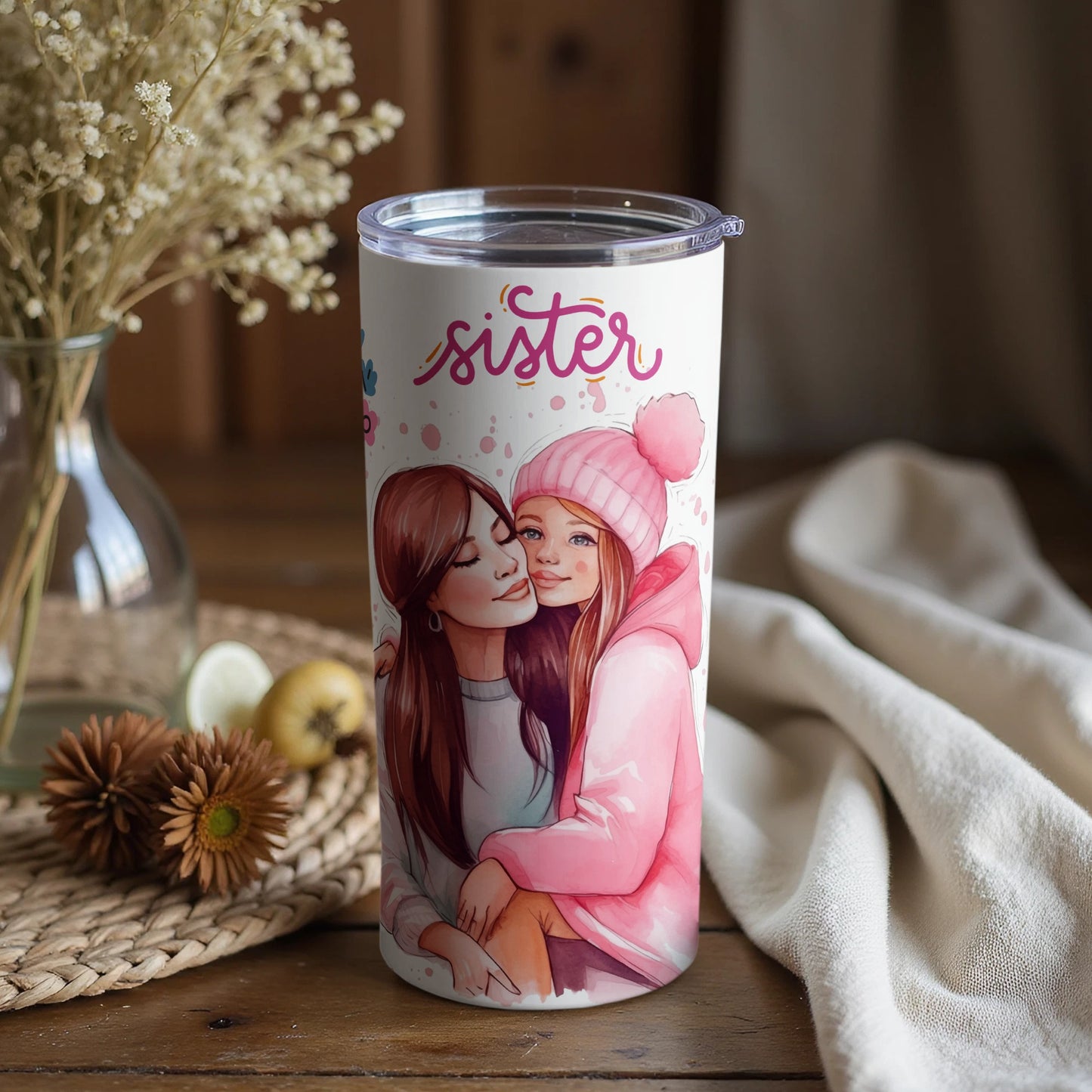 Heartwarming Sisters in Cozy Winter Scene Tumbler