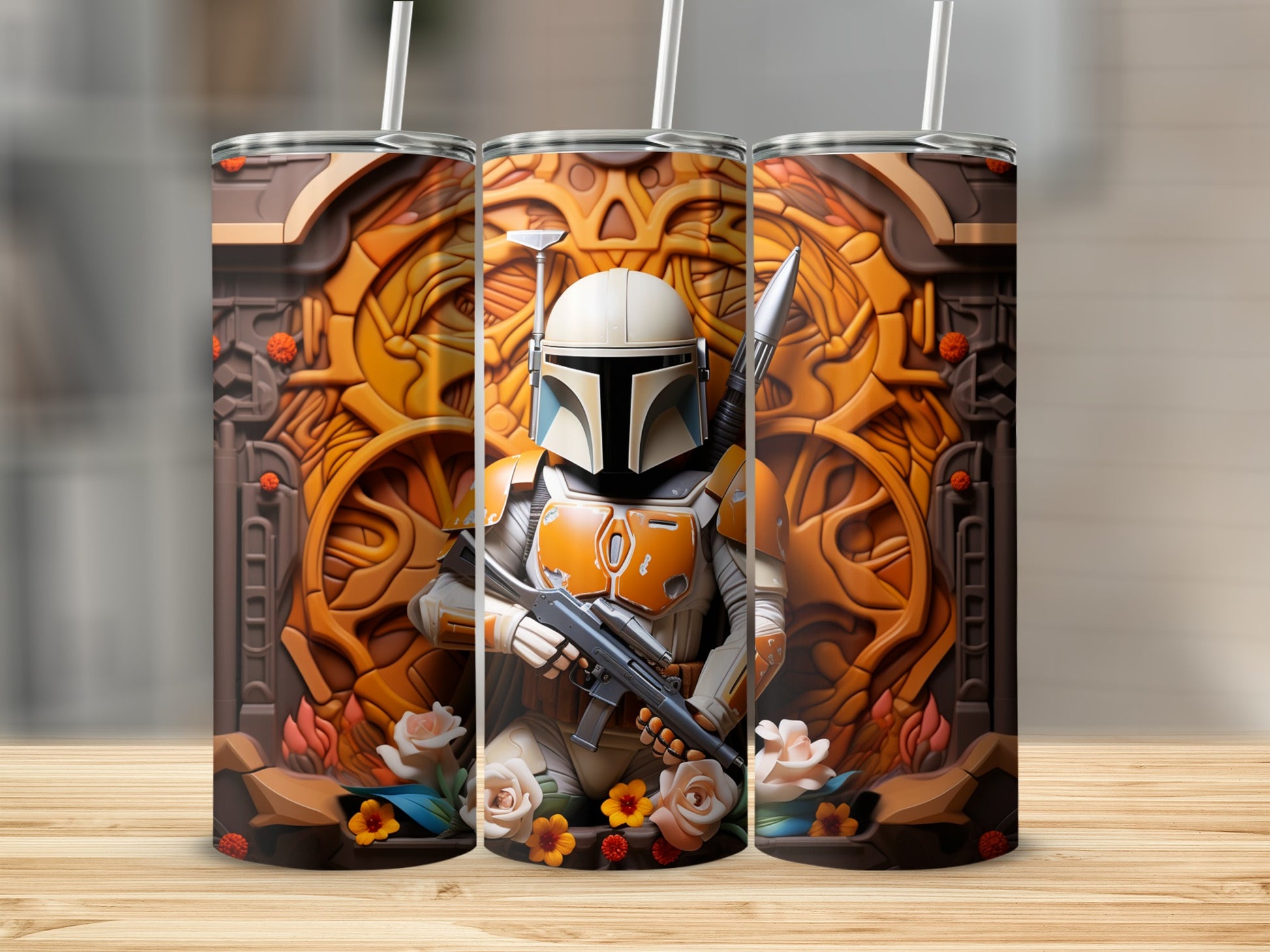 Mandalorian Tumbler with Floral Accents Stainless Steel