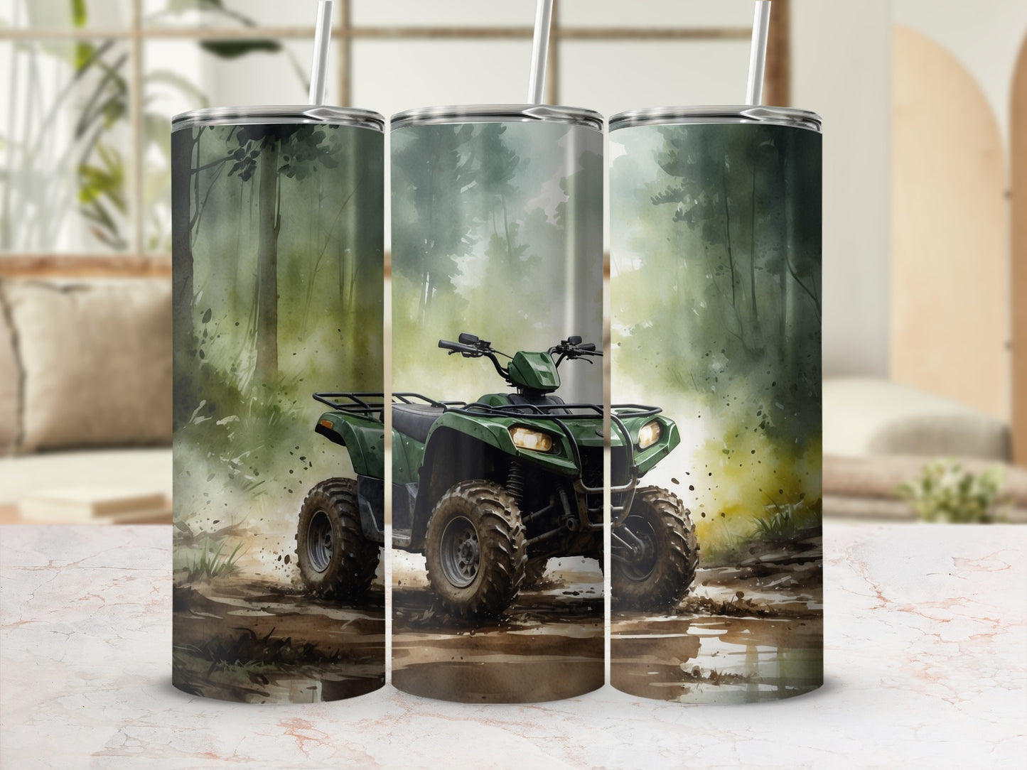 Green ATV riding through muddy woods, watercolor art on three tumblers.