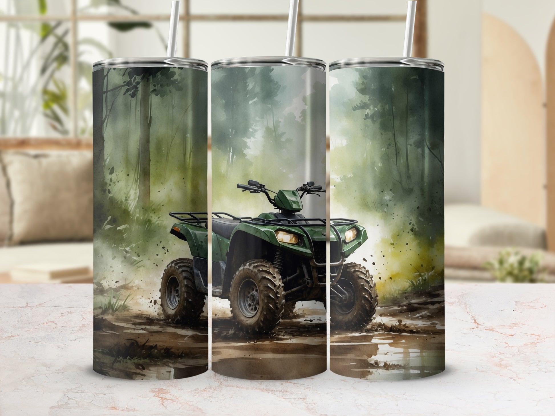 Green ATV riding through muddy woods, watercolor art on three tumblers.