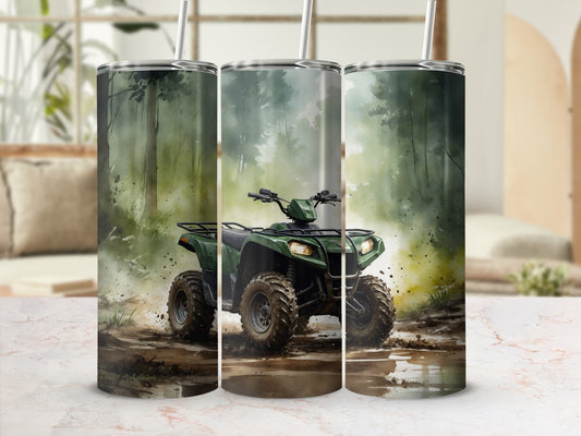 Green ATV riding through muddy woods, watercolor art on three tumblers.