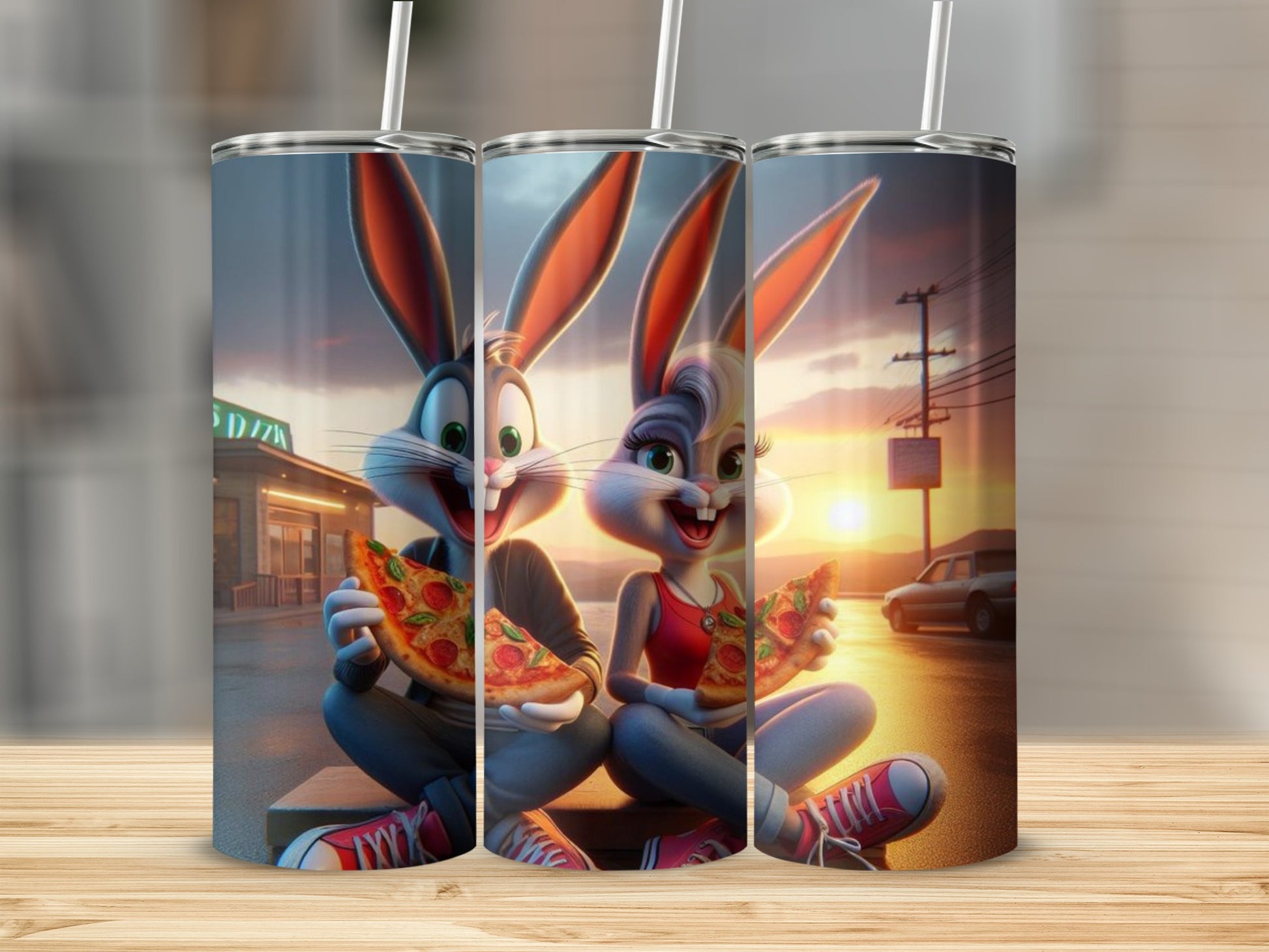 Cartoon Bunny Characters Eating Pizza Design Tumbler