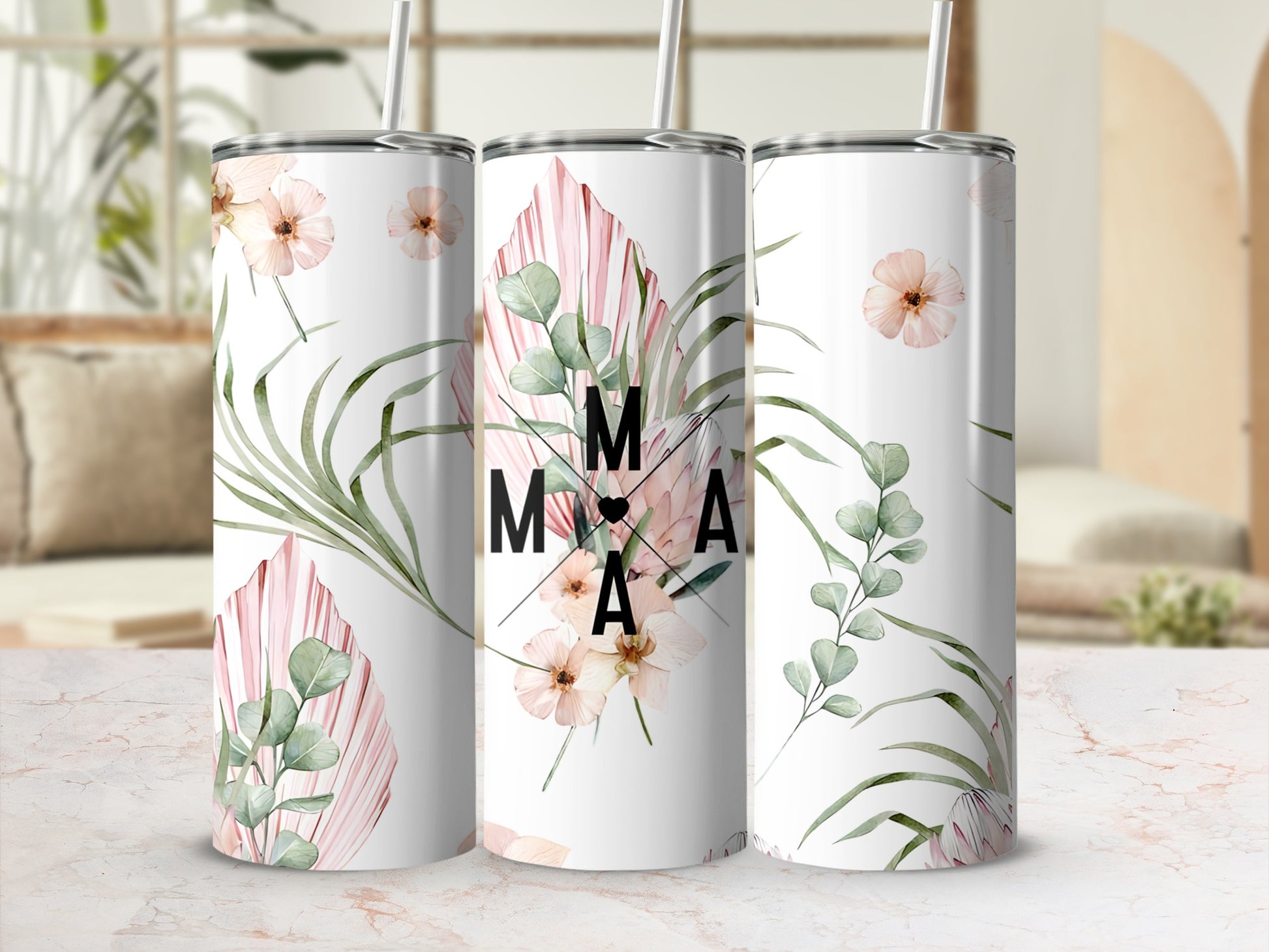 White tumbler with "MAMA" and floral, palm leaf design.