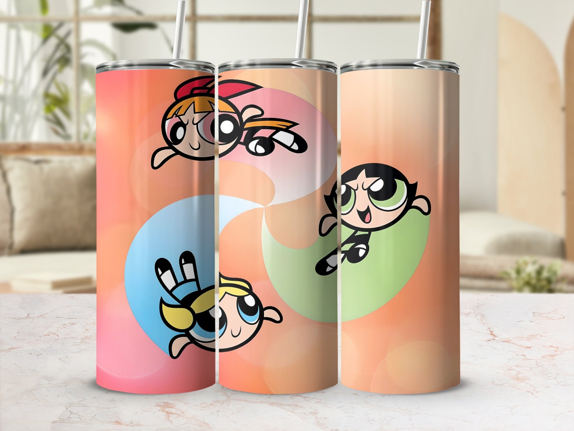 Colorful tumblers decorated with Powerpuff Girls design