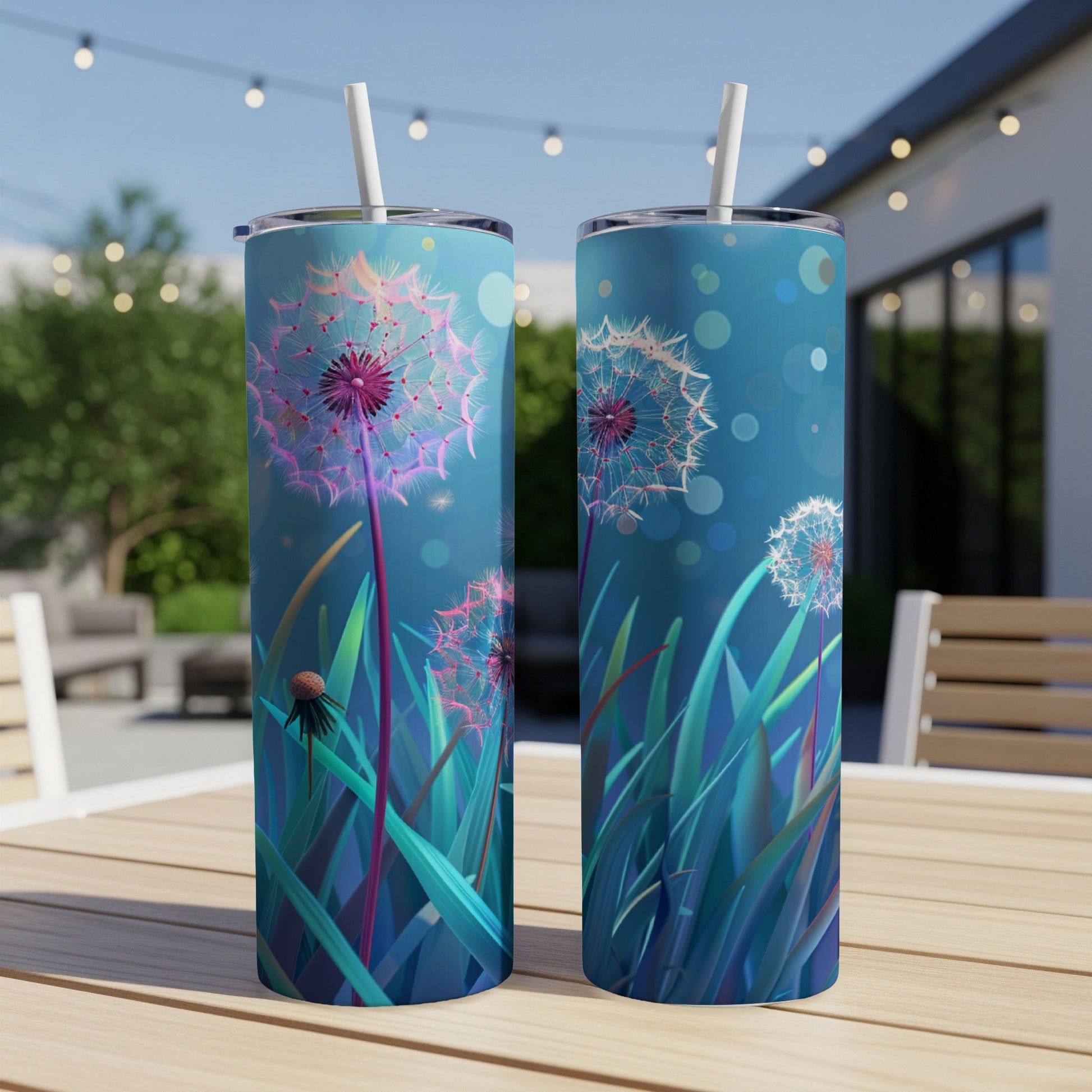 Two tumblers with dandelion seed heads and blue background on a table.