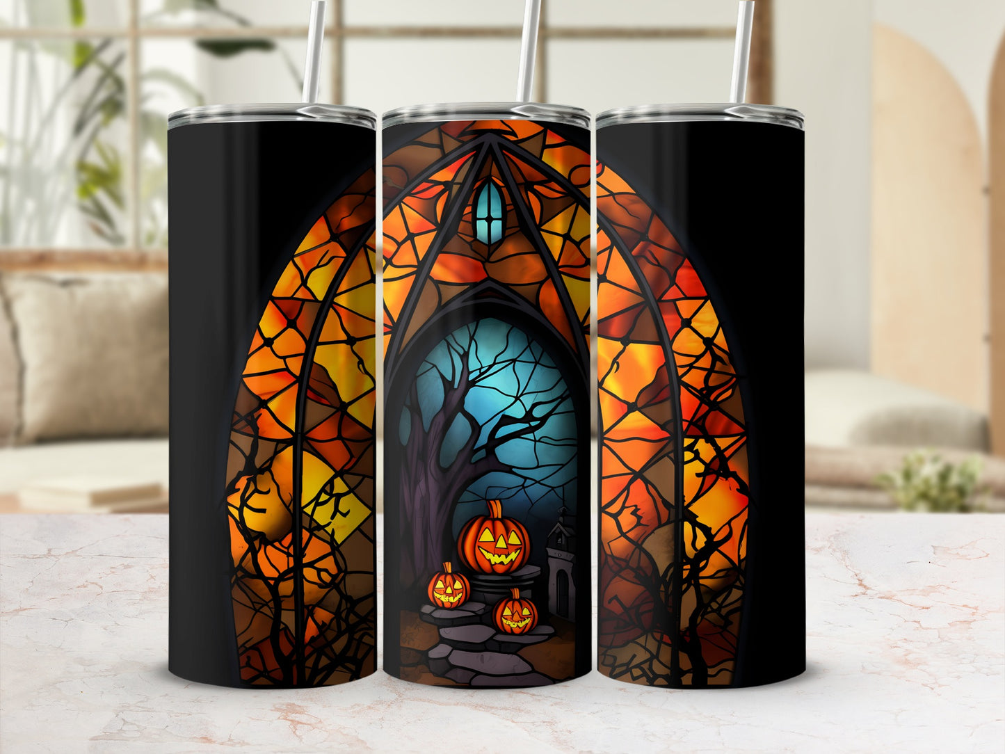 Tall tumbler with stained glass Halloween scene, jack-o'-lanterns, and spooky tree.