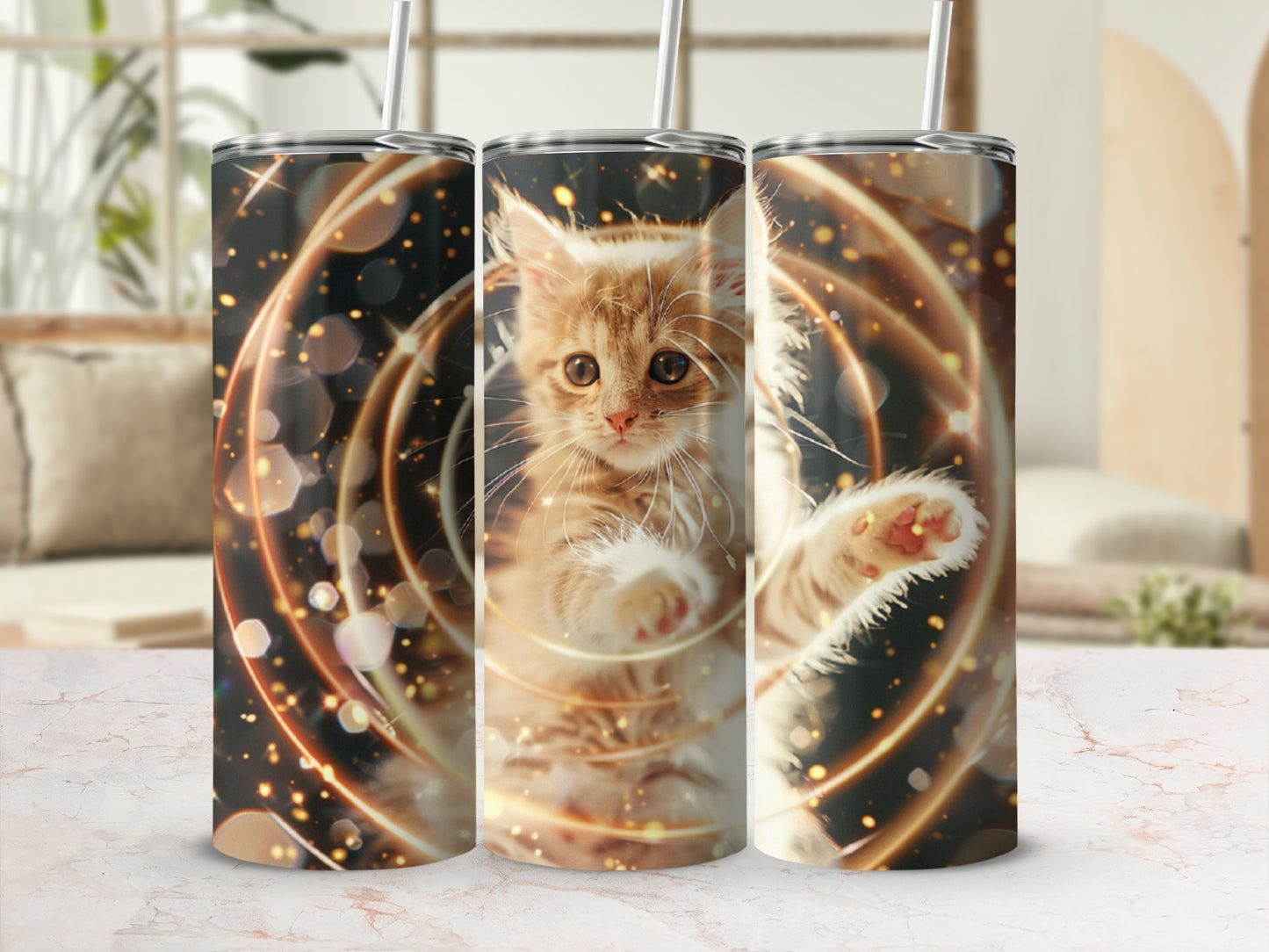 Orange kitten in a swirling golden light pattern on three tumblers.