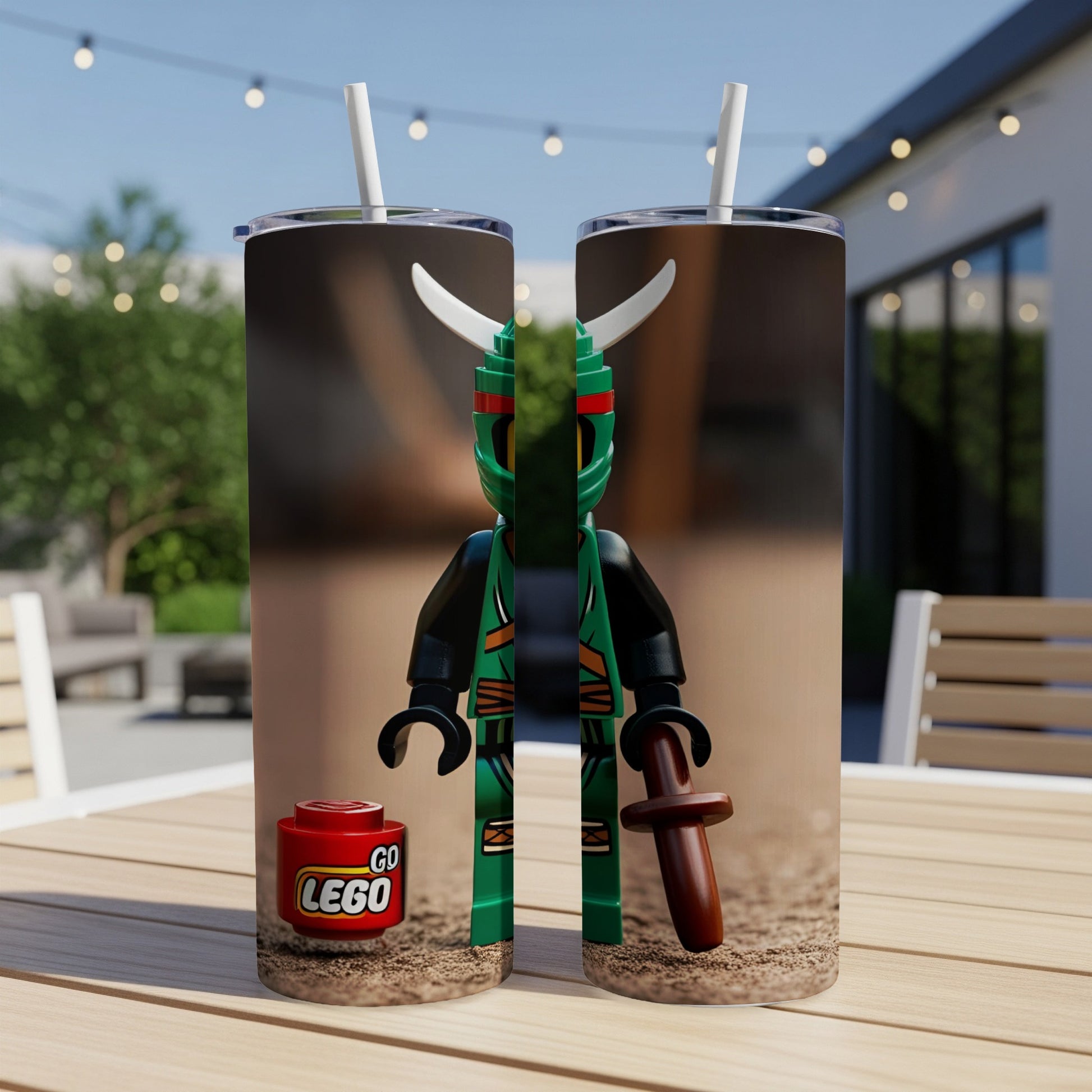 Two LEGO Ninjago characters on a tumbler with a GO LEGO logo.