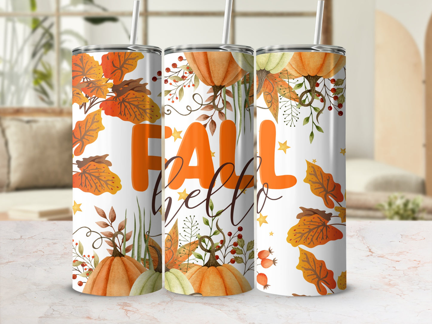 Fall Hello Pumpkin and Leaves Design Tumbler Cup