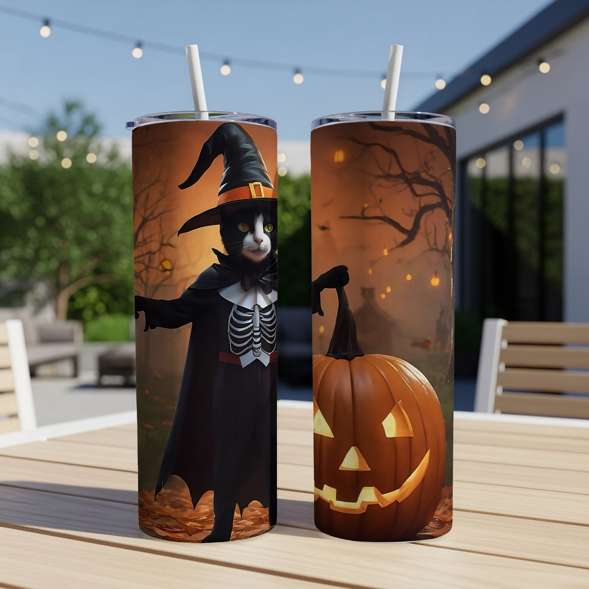Two tumblers featuring Halloween designs: a black cat in a witch costume and a carved jack-o'-lantern.