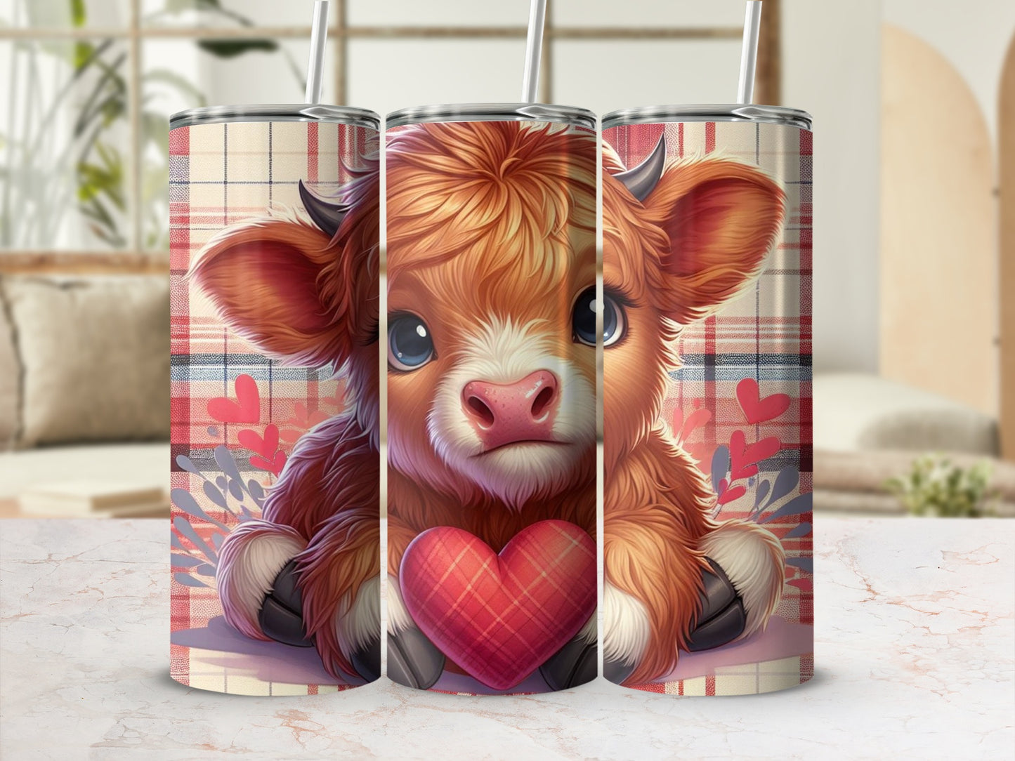 Cute Highland Cow with Plaid Heart Tumbler Flask