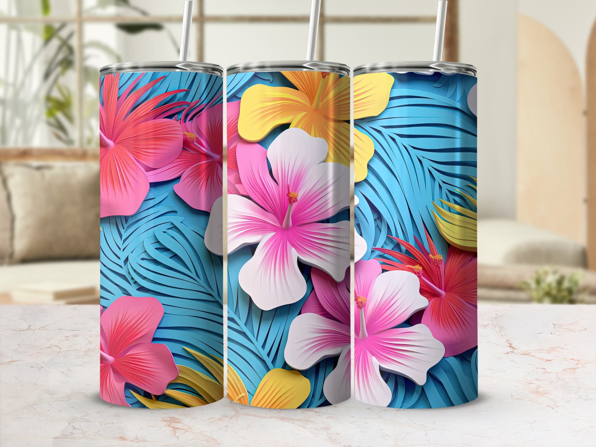 Tropical Floral Print Blue and Pink Tumbler Product
