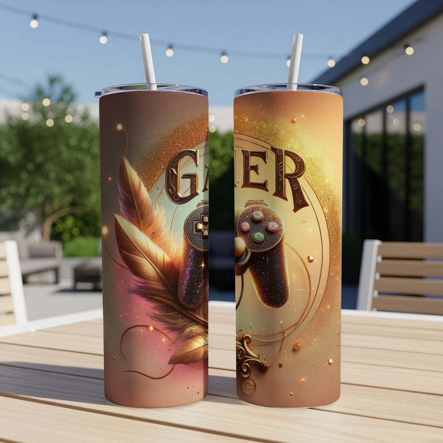 Two tumblers with a "Gamer" design featuring a joystick and feathers.