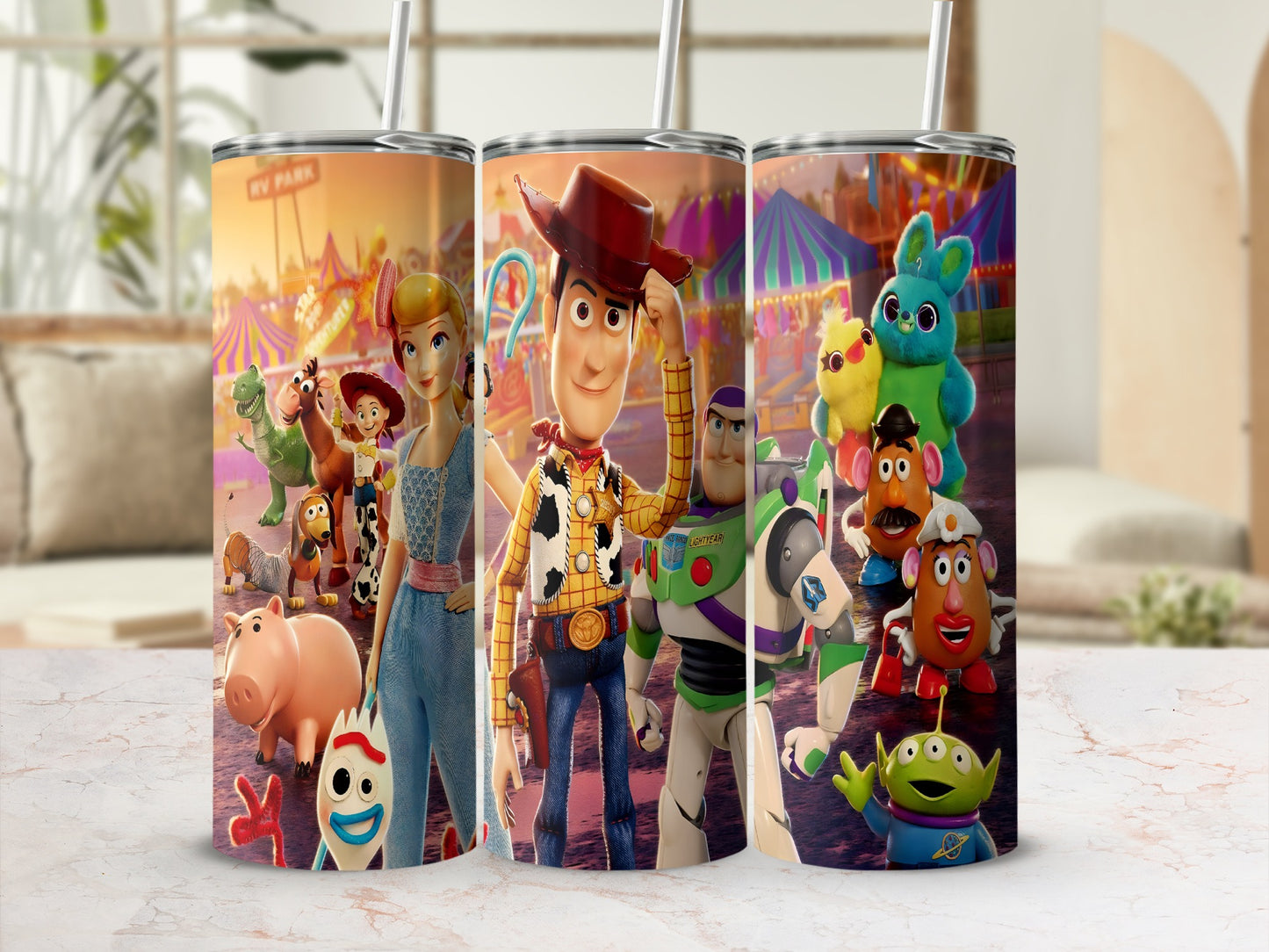 Toy Story characters Woody, Buzz, Bo Peep, Slinky, Rex, Alien, and Hamm on tumblers.