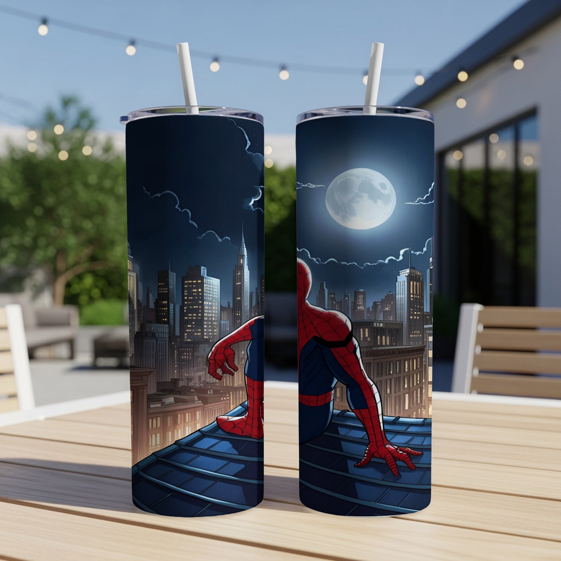 Spider-Man sits on a rooftop overlooking a city at night under a full moon.