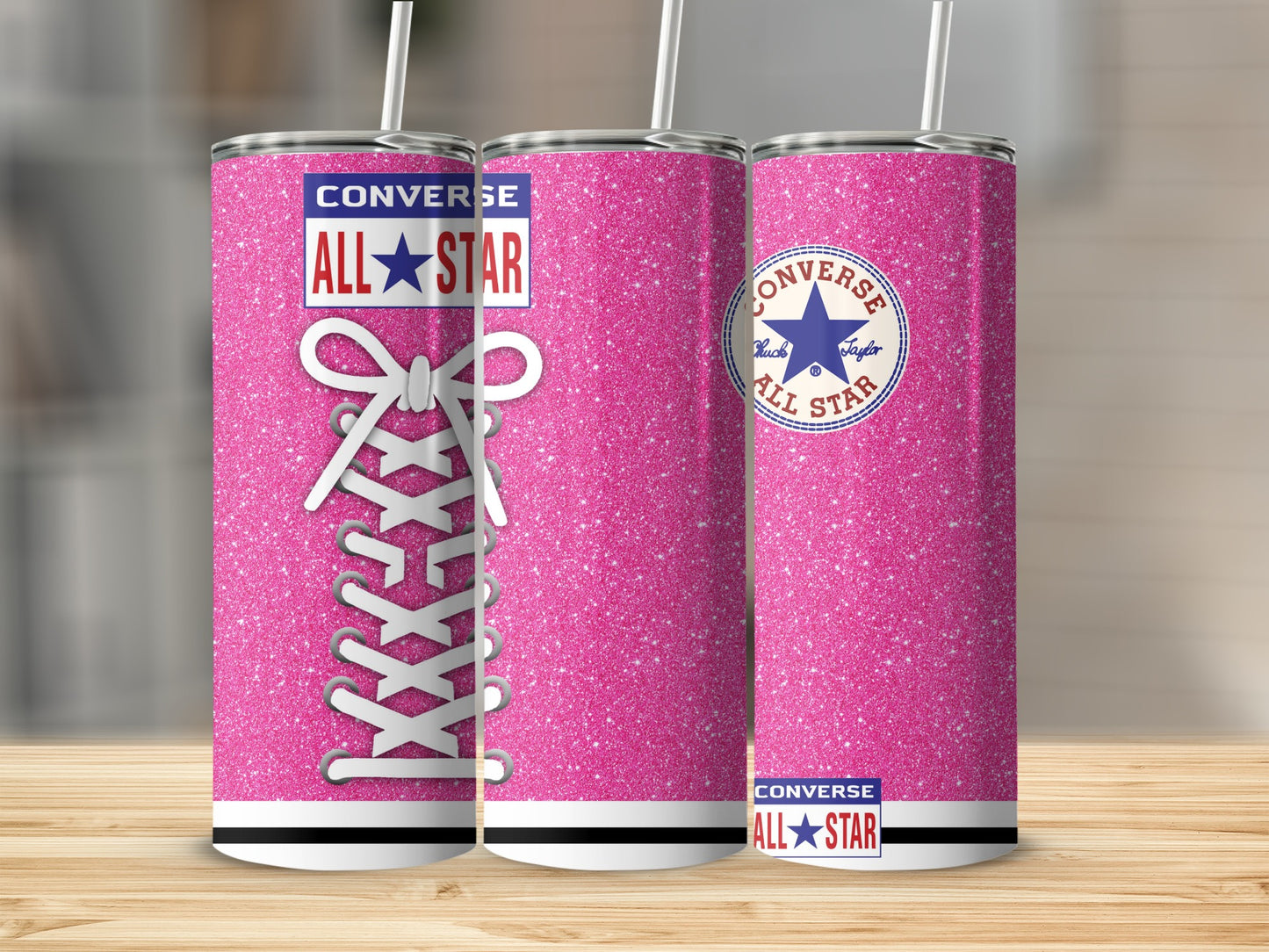 Pink glitter Converse All Star tumbler with white laces and logo.