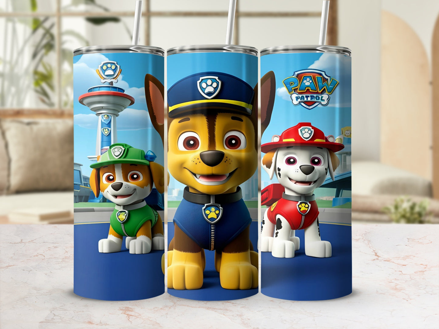 Paw Patrol characters Chase, Marshall, and Rubble on blue tumblers.
