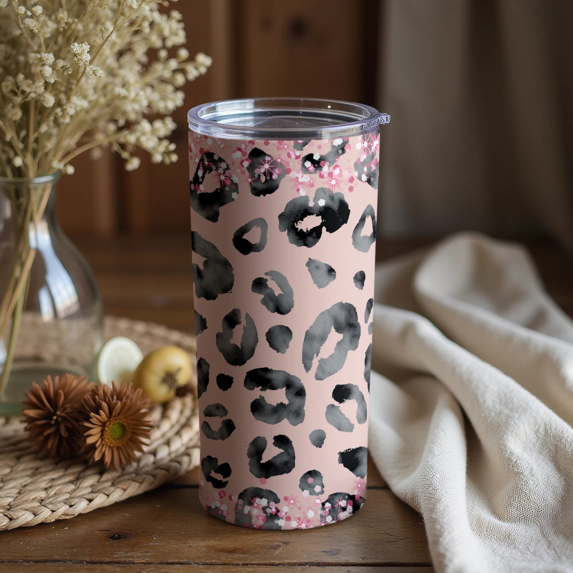Leopard Print Floral Accent Insulated Tumbler Cup