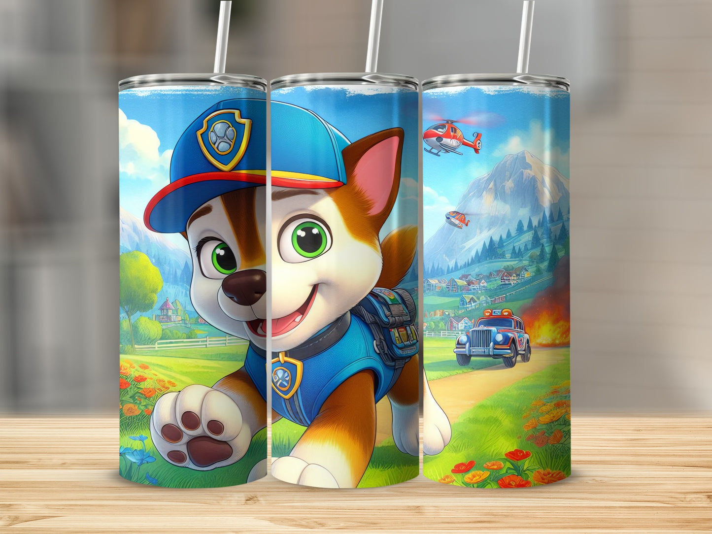 Cute Cartoon Puppy Tumbler with Scenic Background Design
