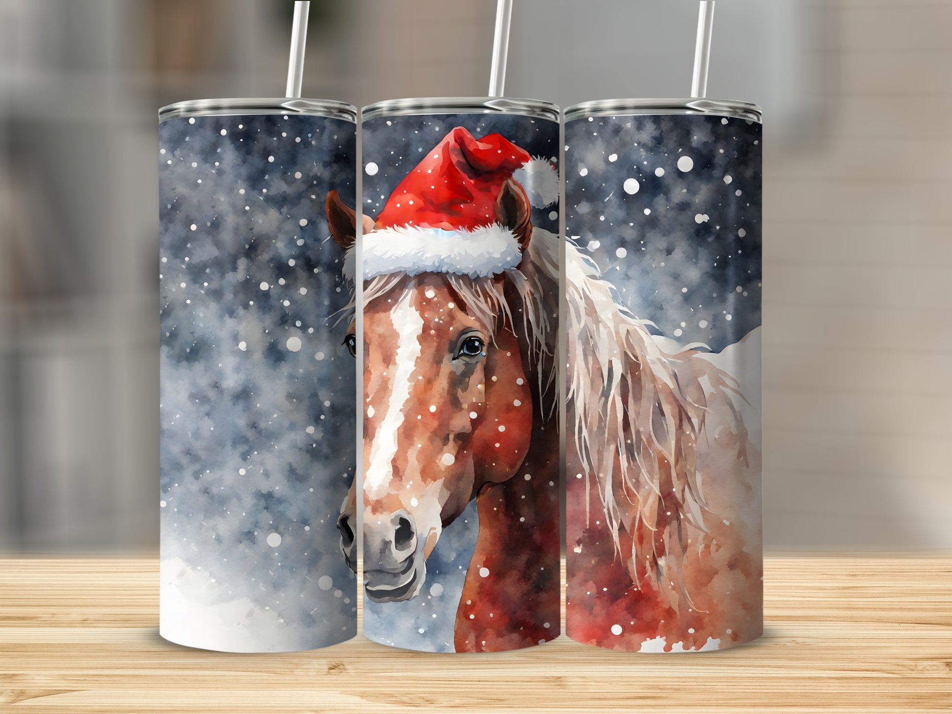 Brown horse wearing Santa hat in falling snow, watercolor style tumbler.