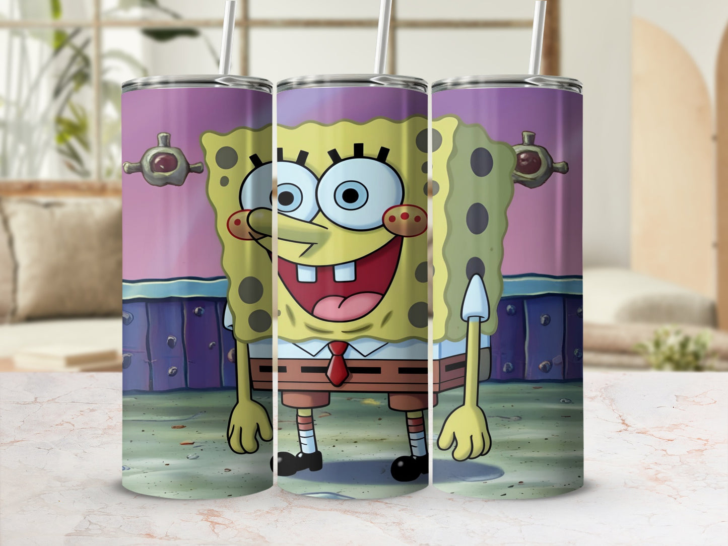 SpongeBob SquarePants character tumbler with straw.