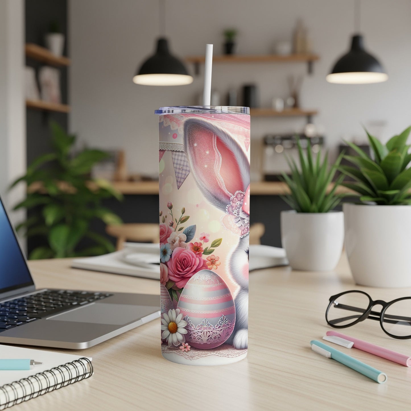 Easter bunny and egg tumbler with floral design and pink accents.