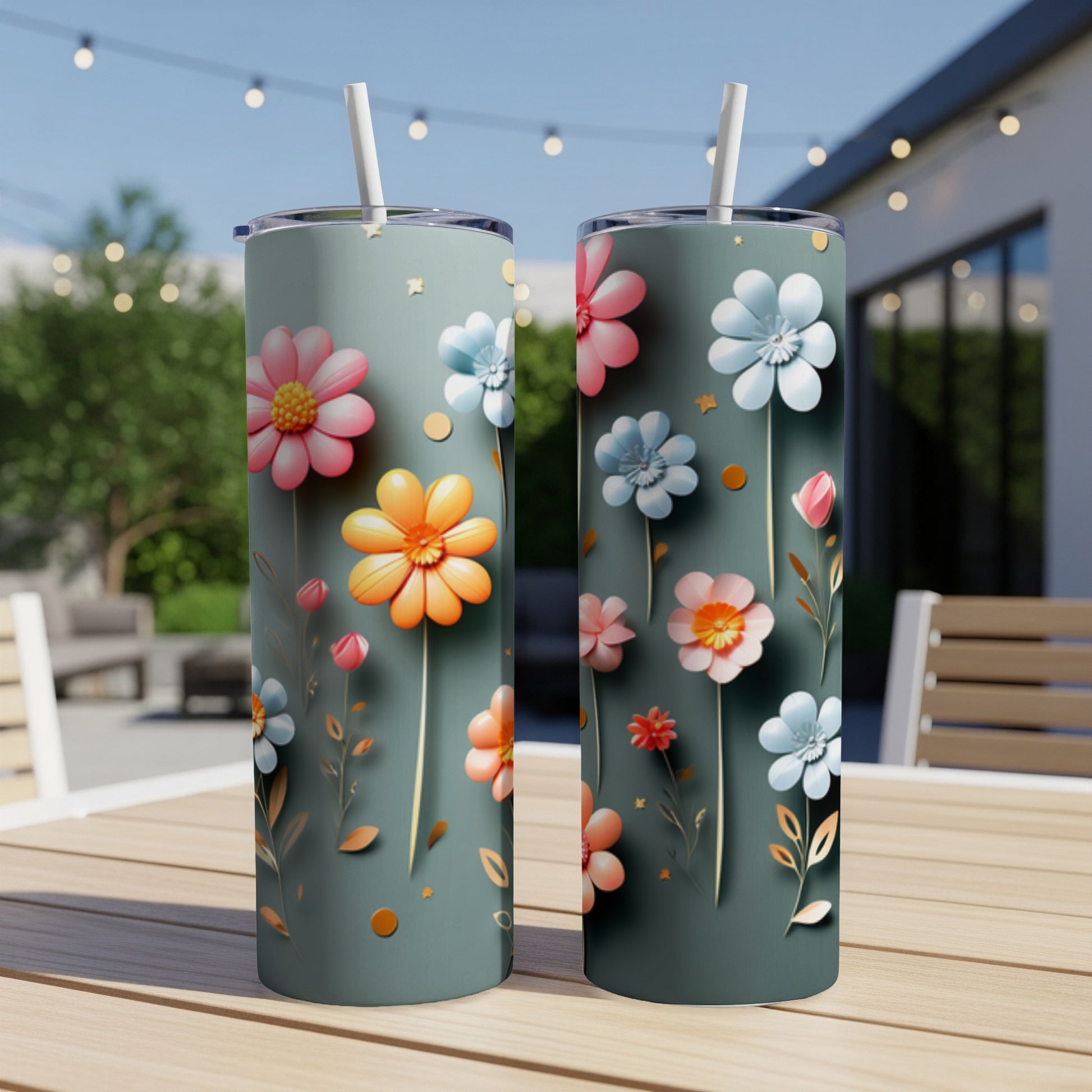 Two gray tumblers with a floral design and straws on a table.