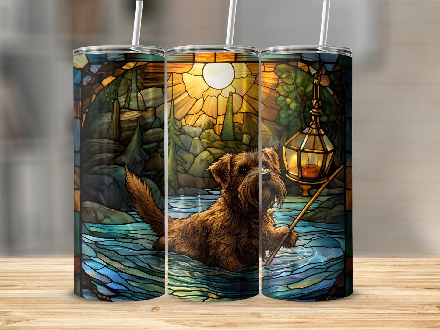 Stained glass art of a dog wading in water with a lantern.