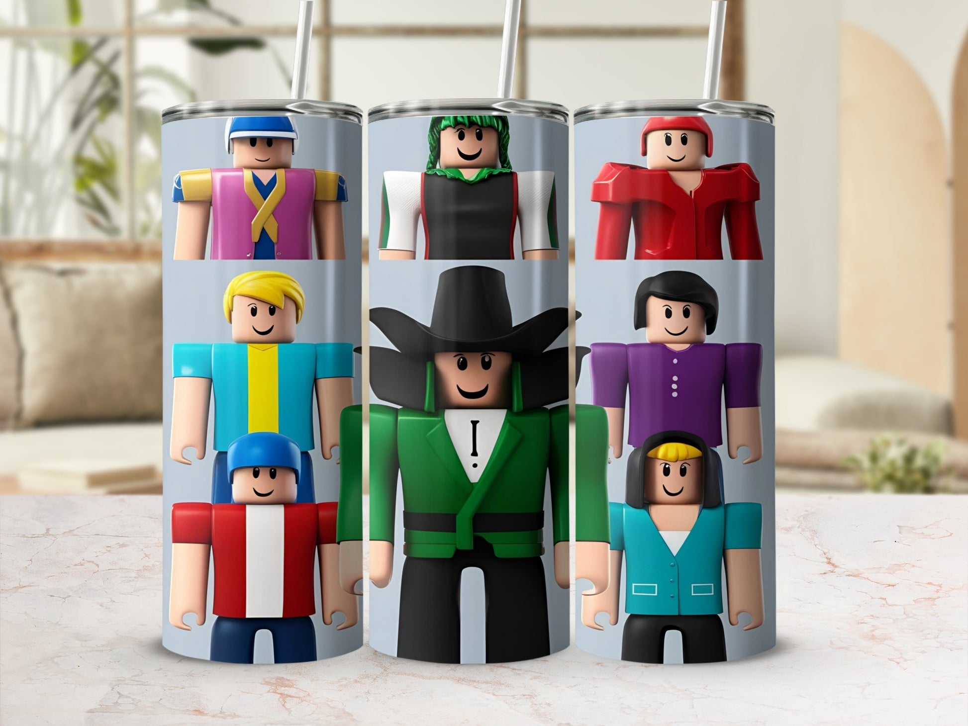 Three Roblox characters in colorful outfits on a stainless steel tumbler.