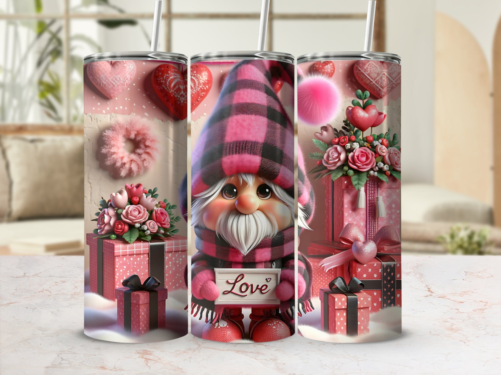 Valentine's Day gnome tumbler with gifts and pink plaid accents.
