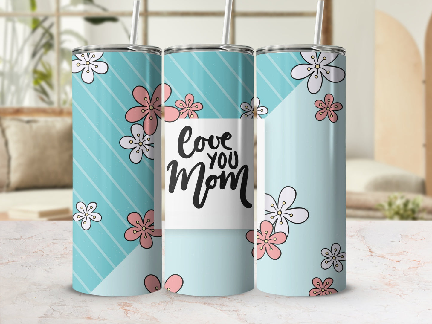Floral Love You Mom Design Tumbler with Straw
