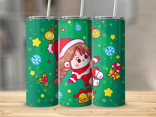 Holiday Girl in Santa Outfit on Green Tumbler Product