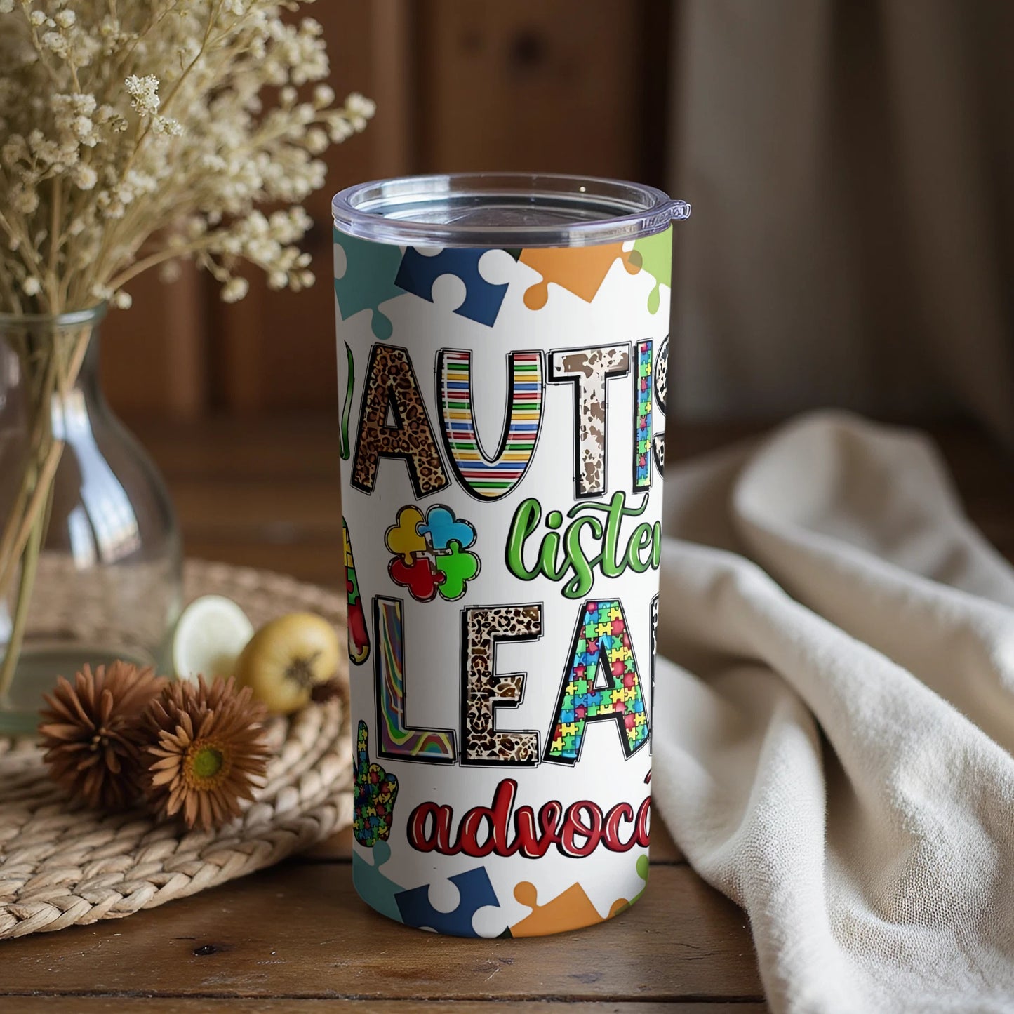 Autism Listen Learn Advocate Colorful Tumbler