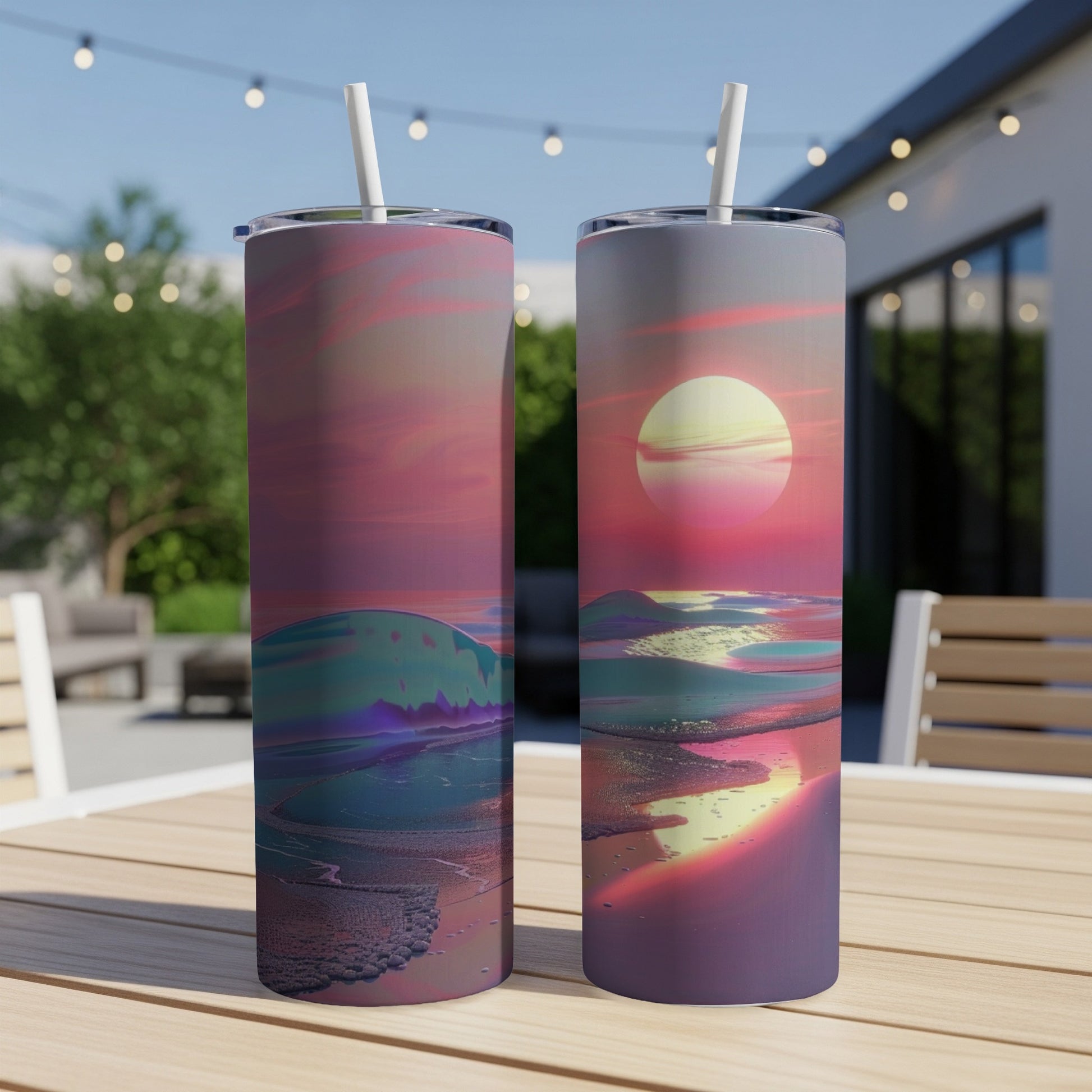 Two tumblers with a surreal sunset ocean landscape design.