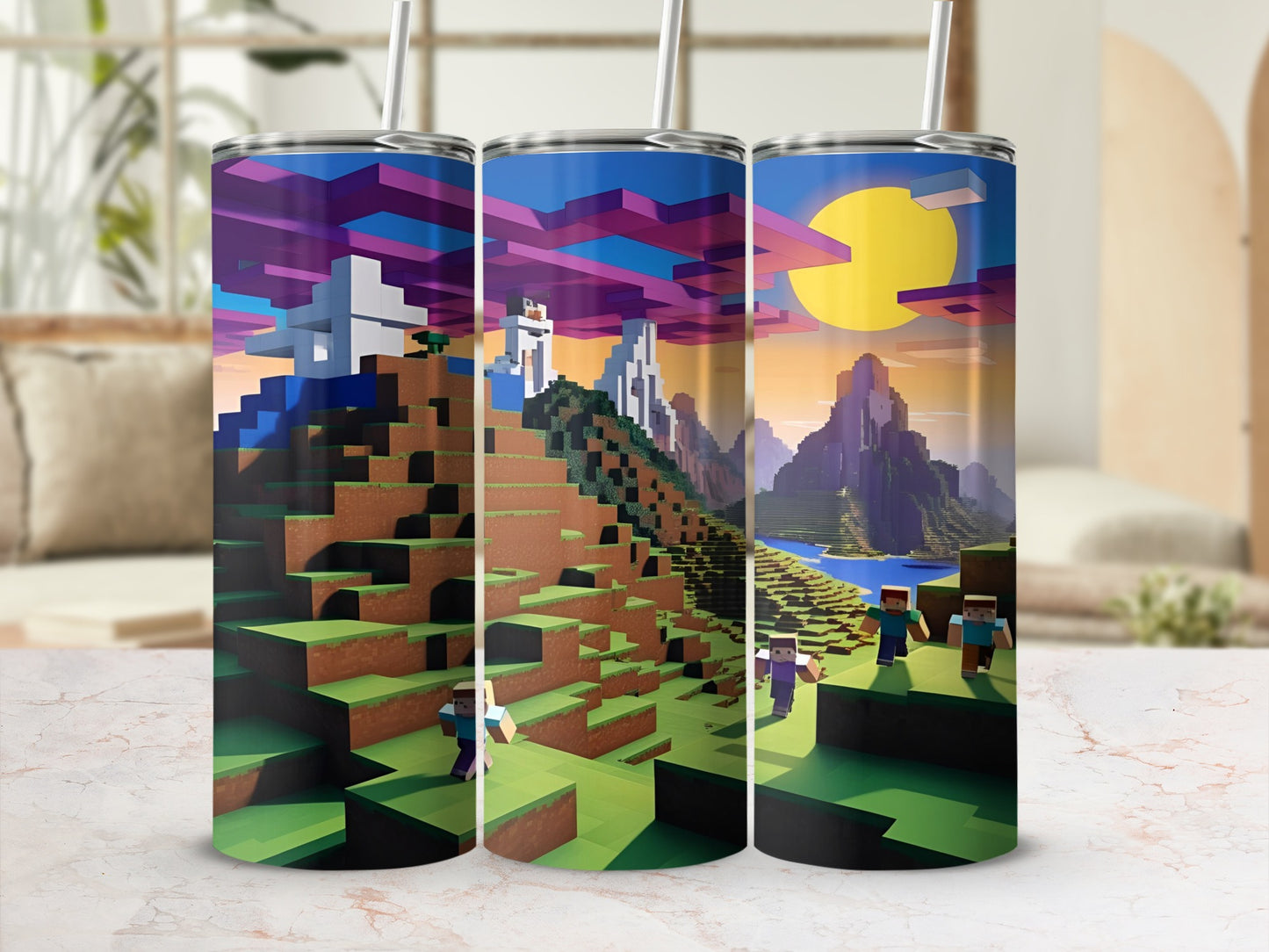 Minecraft scene with characters, mountains, water, and a sun.