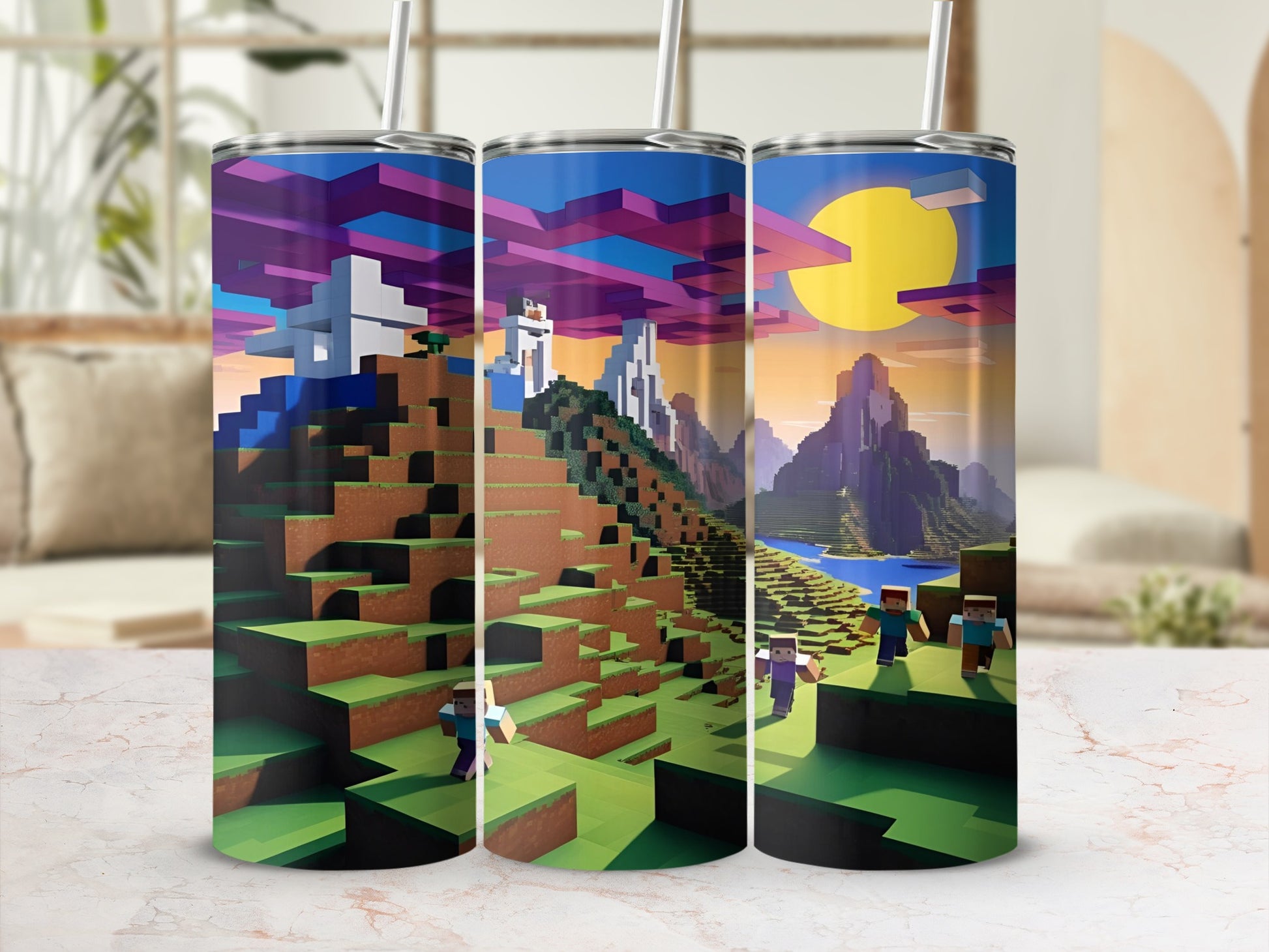 Minecraft scene with characters, mountains, water, and a sun.