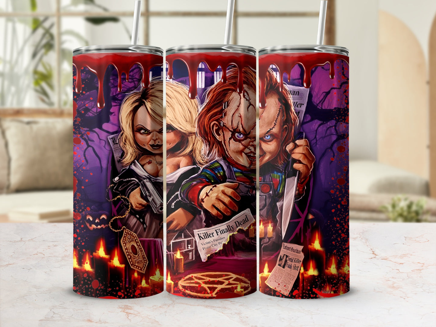 Tumblers feature Chucky and Tiffany with blood, candles, and newspaper headlines.