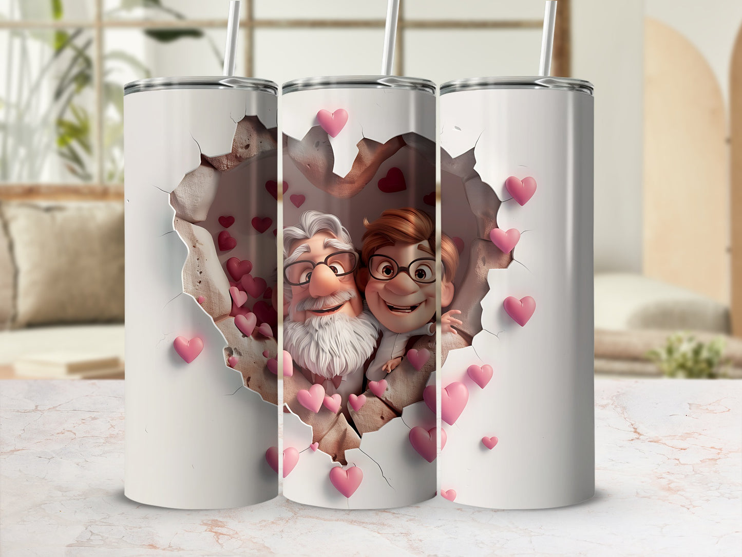 White tumbler with cracked heart design featuring cartoon couple and pink hearts.