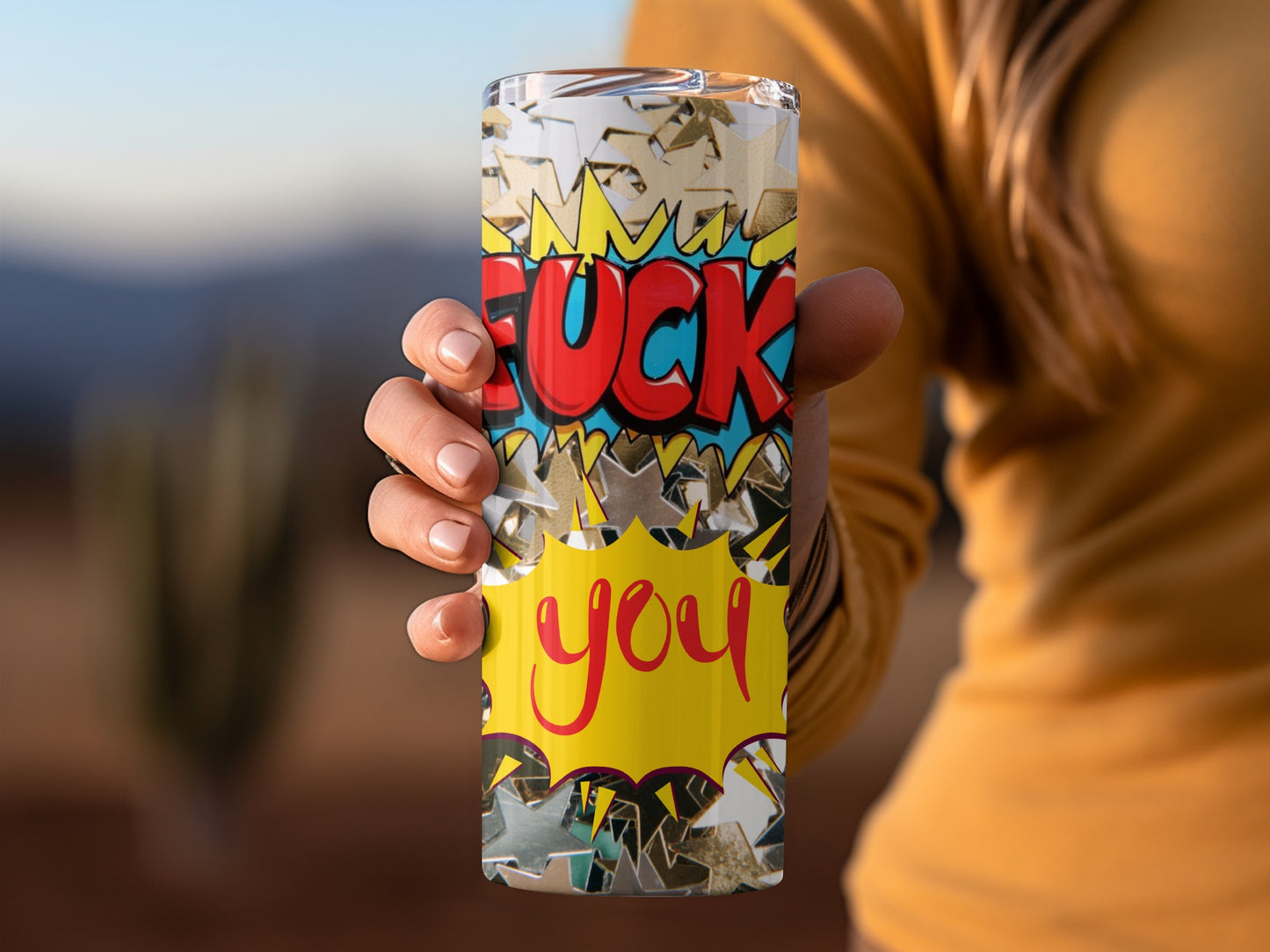 Colorful Comic Style Tumbler with 'Fuck You' Text Design