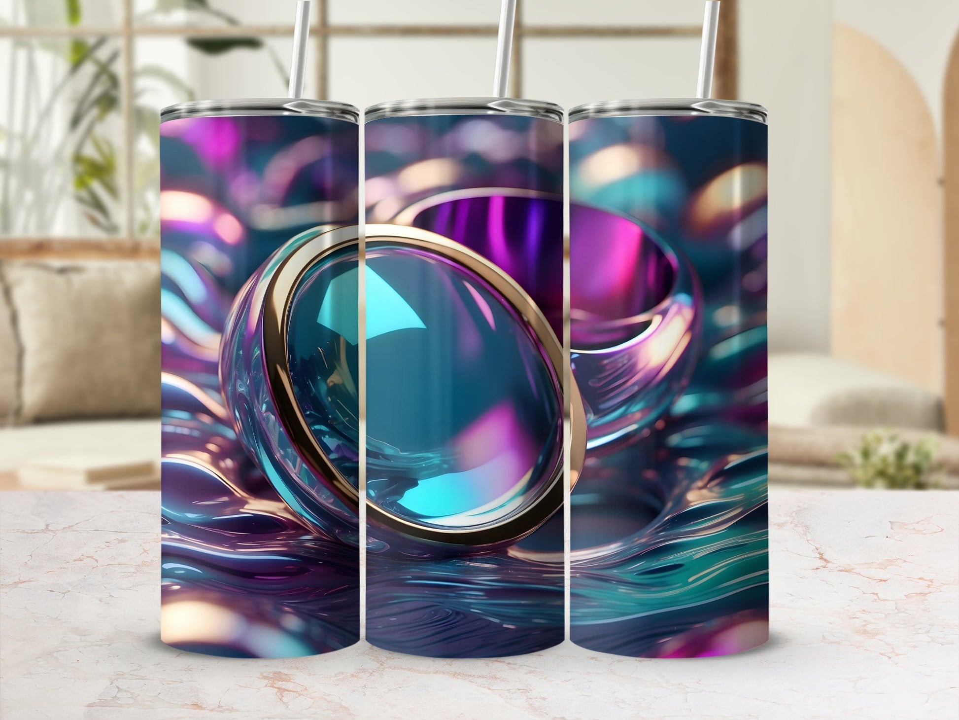 Three tumblers with iridescent, swirling purple and teal abstract patterns.