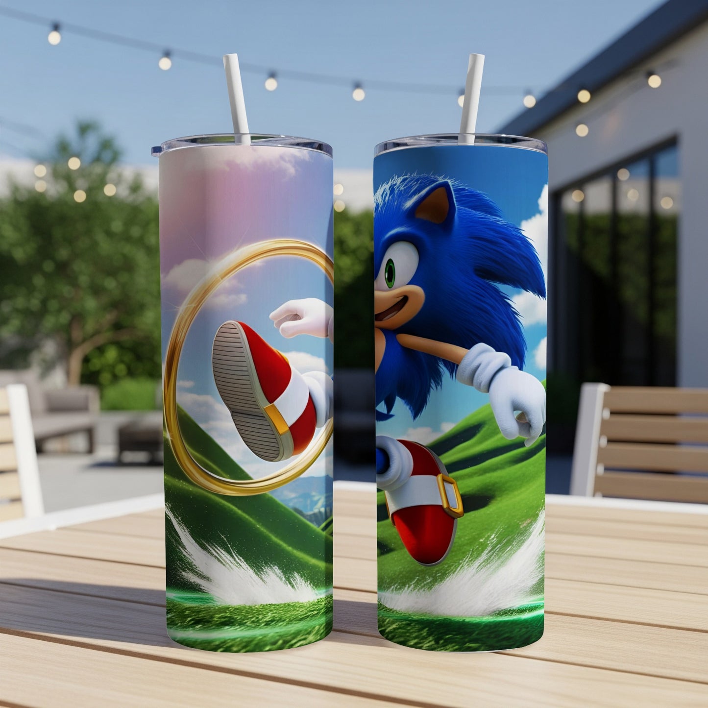 Sonic the Hedgehog running through a golden ring with green hills background.