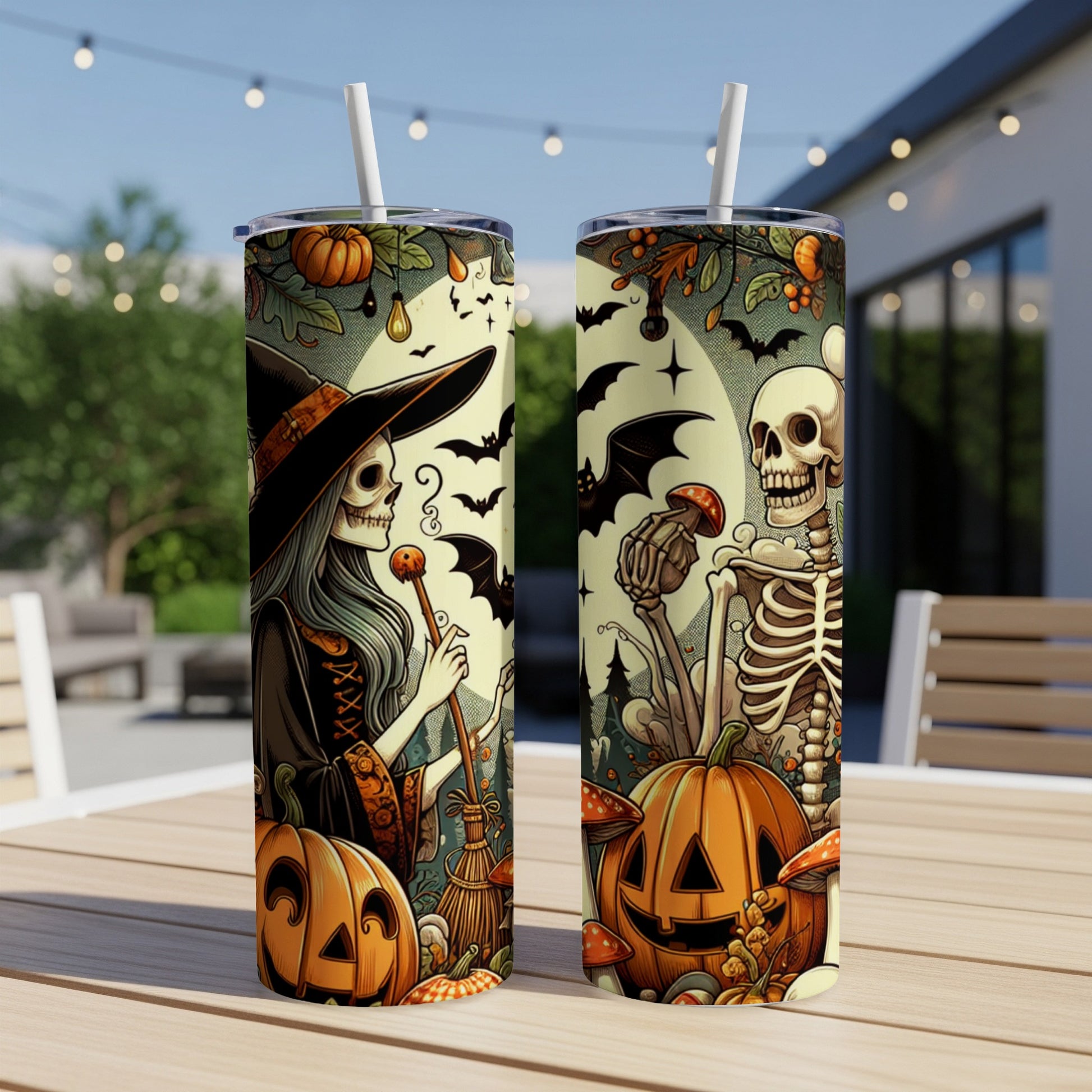 Two Halloween-themed tumblers featuring a skeleton witch and a skeleton with pumpkins and bats.