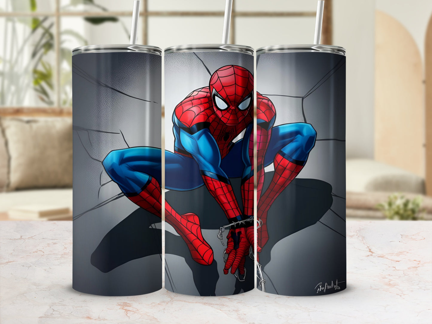 Spiderman crouching in a cracked concrete wall with a straw in the tumbler.