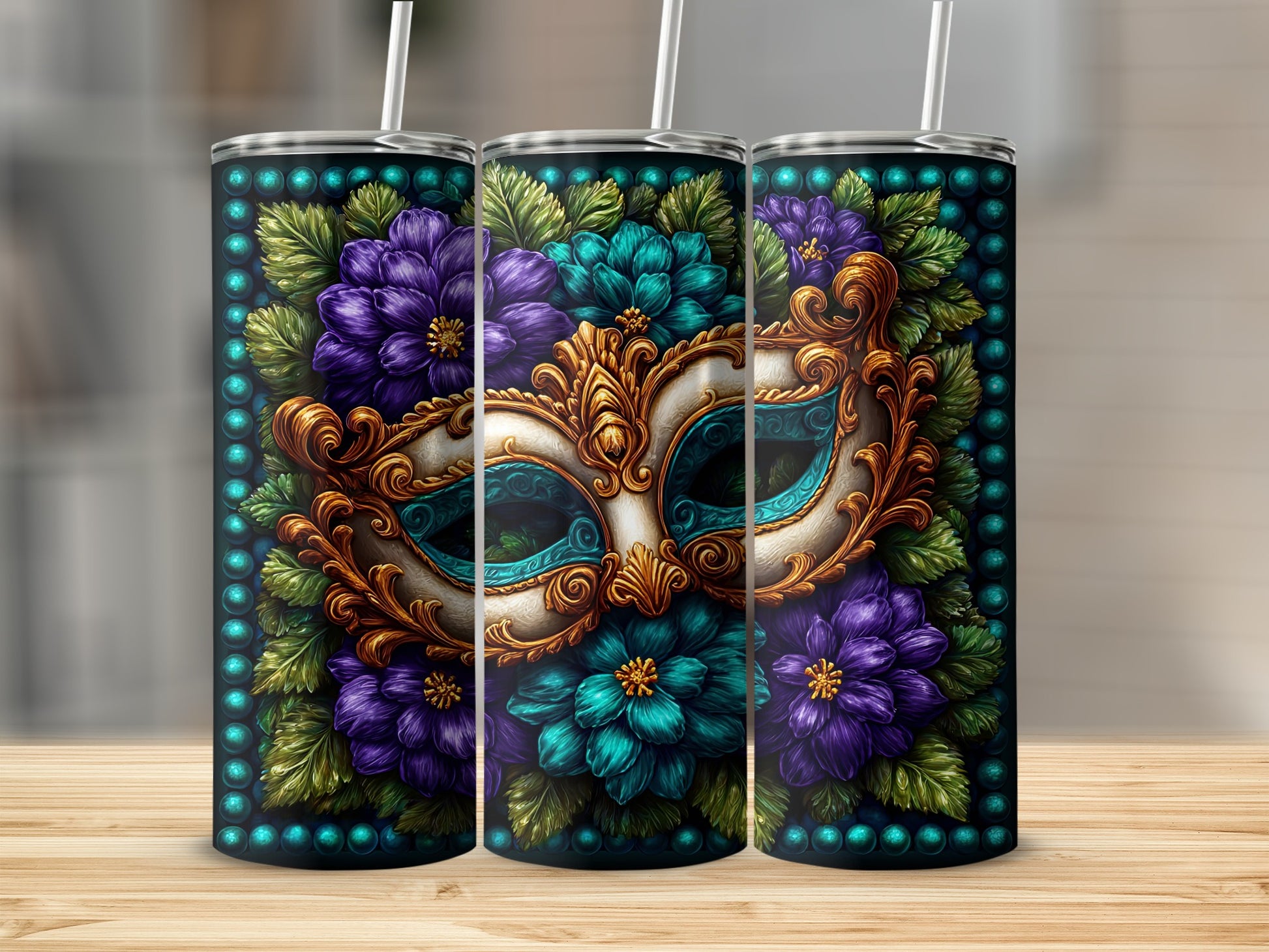 Ornate Mask and Floral Design Stainless Steel Tumbler