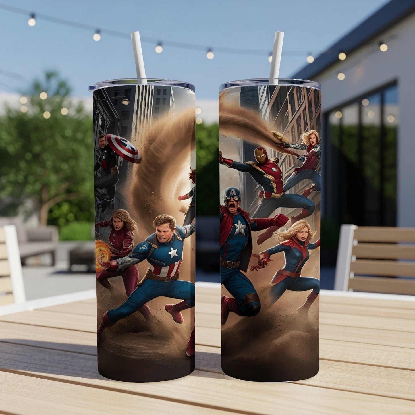 Marvel superheroes in action, swirling in a sandstorm against a city backdrop.