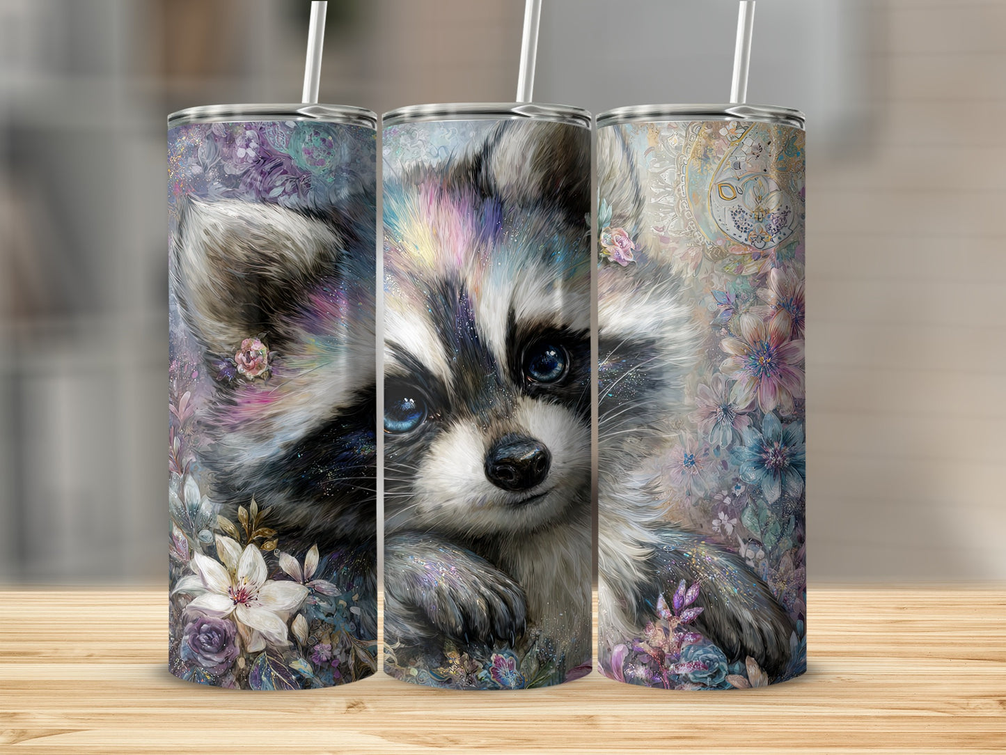 Cute Baby Raccoon With Flowers Tumbler Cup